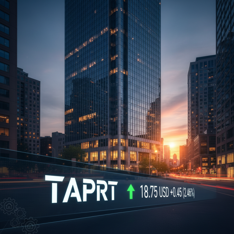A modern cityscape at sunset with a prominent digital stock ticker displaying 'TAPRT' and an upward trend.