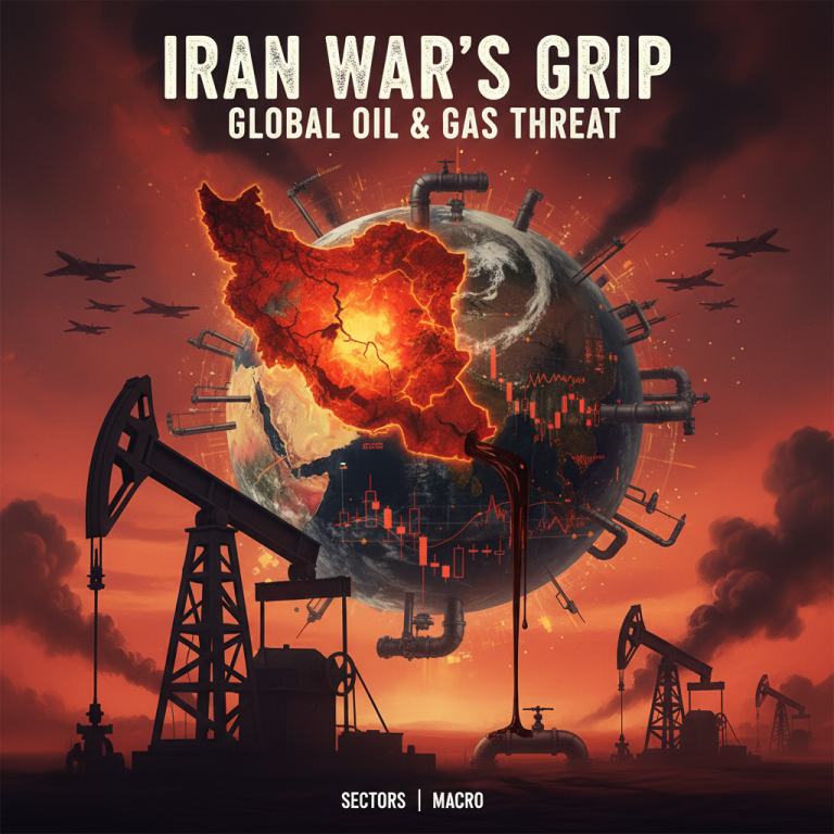 A map of Iran in flames over a global oil infrastructure, symbolizing conflict's impact on energy markets.