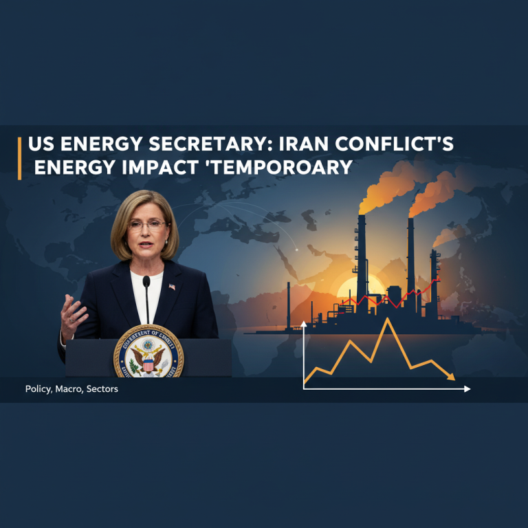 US Energy Secretary speaks at podium with an oil refinery, world map, and a volatile line graph in the background.