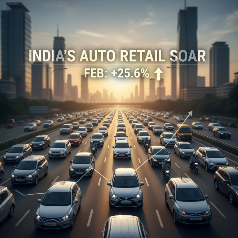 Cars on a highway at sunset with an upward trend arrow and text "India's Auto Retail Soar Feb: +25.6%"