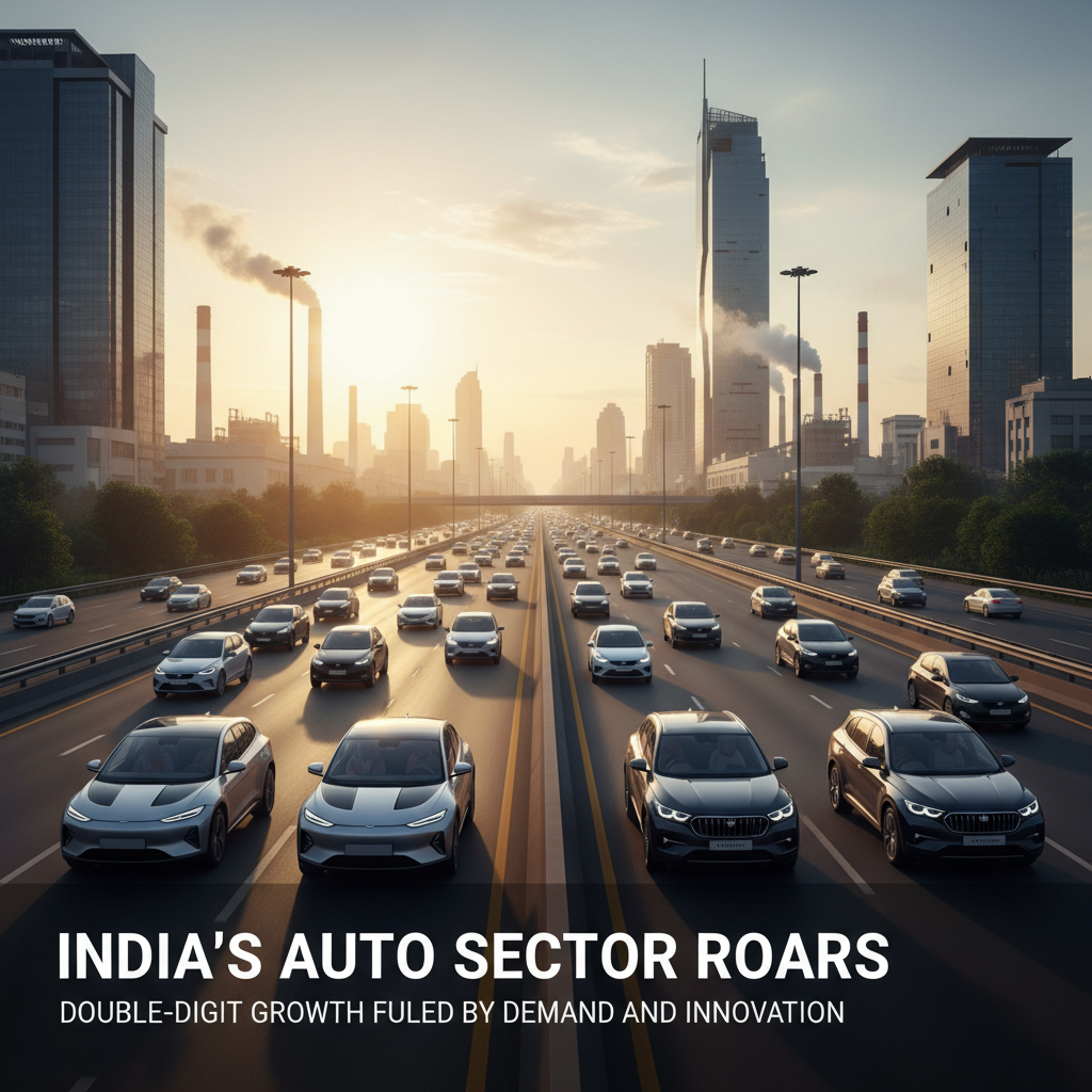 A modern highway in India at sunset, filled with cars, symbolizing growth in the automotive industry.