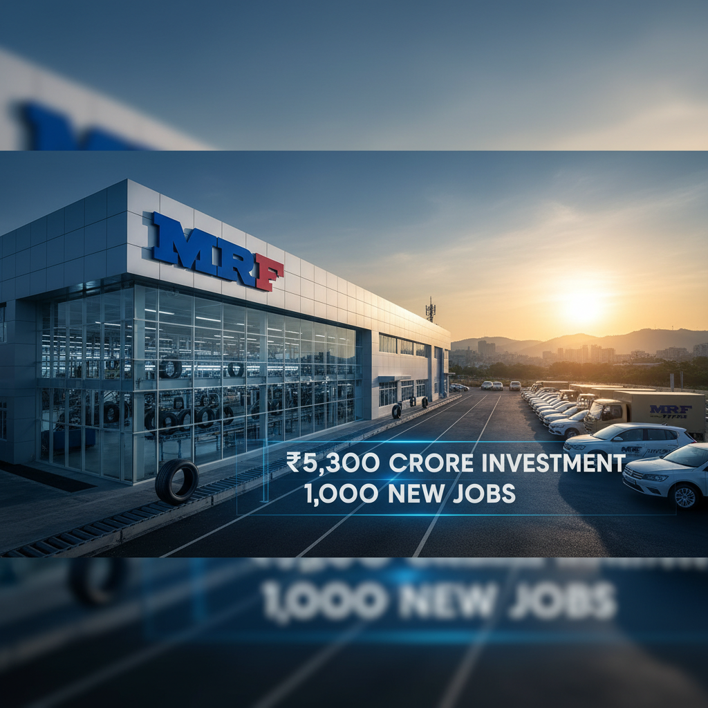 A modern MRF tyre manufacturing plant at sunset, with cars parked outside, representing investment and job creation.