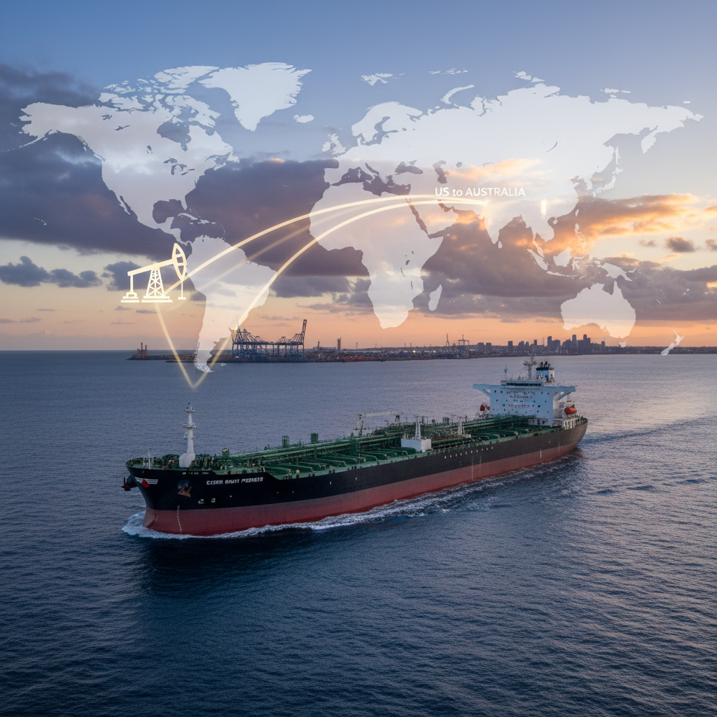 ** An oil tanker at sea with a global map overlay showing a trade route from the US to Australia.