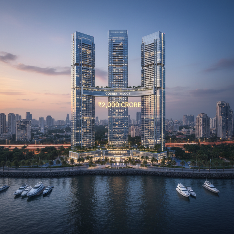 An aerial view of the three interconnected "Godrej Trilogy" skyscrapers at dusk, with the text "Godrej Trilogy" and "₹2,000 Crore".