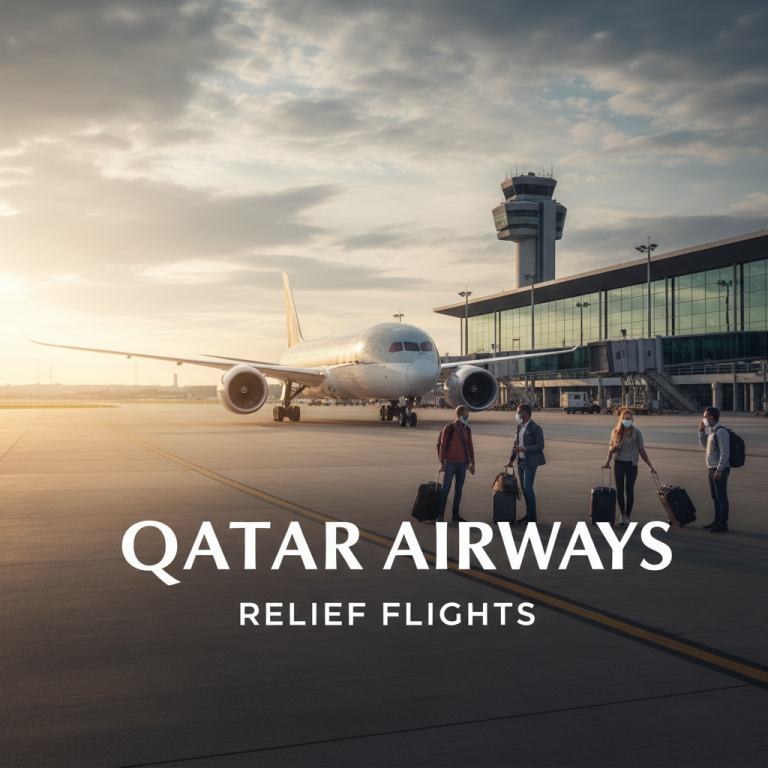 Qatar Airways plane at an airport with passengers and an air traffic control tower.