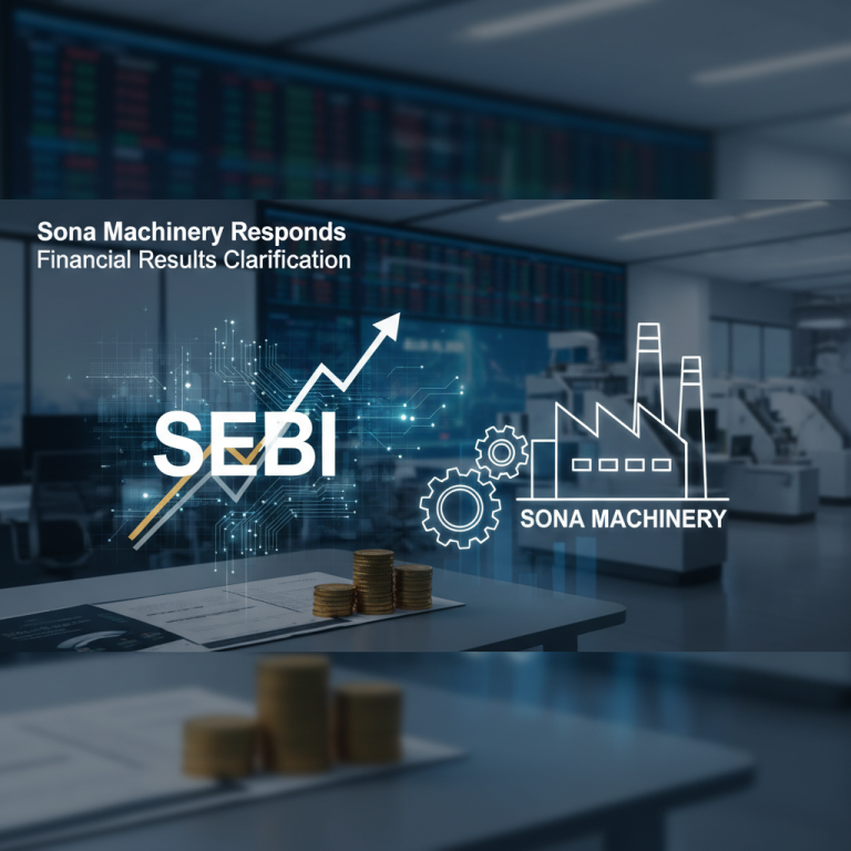 Professional image depicting SEBI and Sona Machinery logos with financial charts and manufacturing elements, suitable for a business article.
