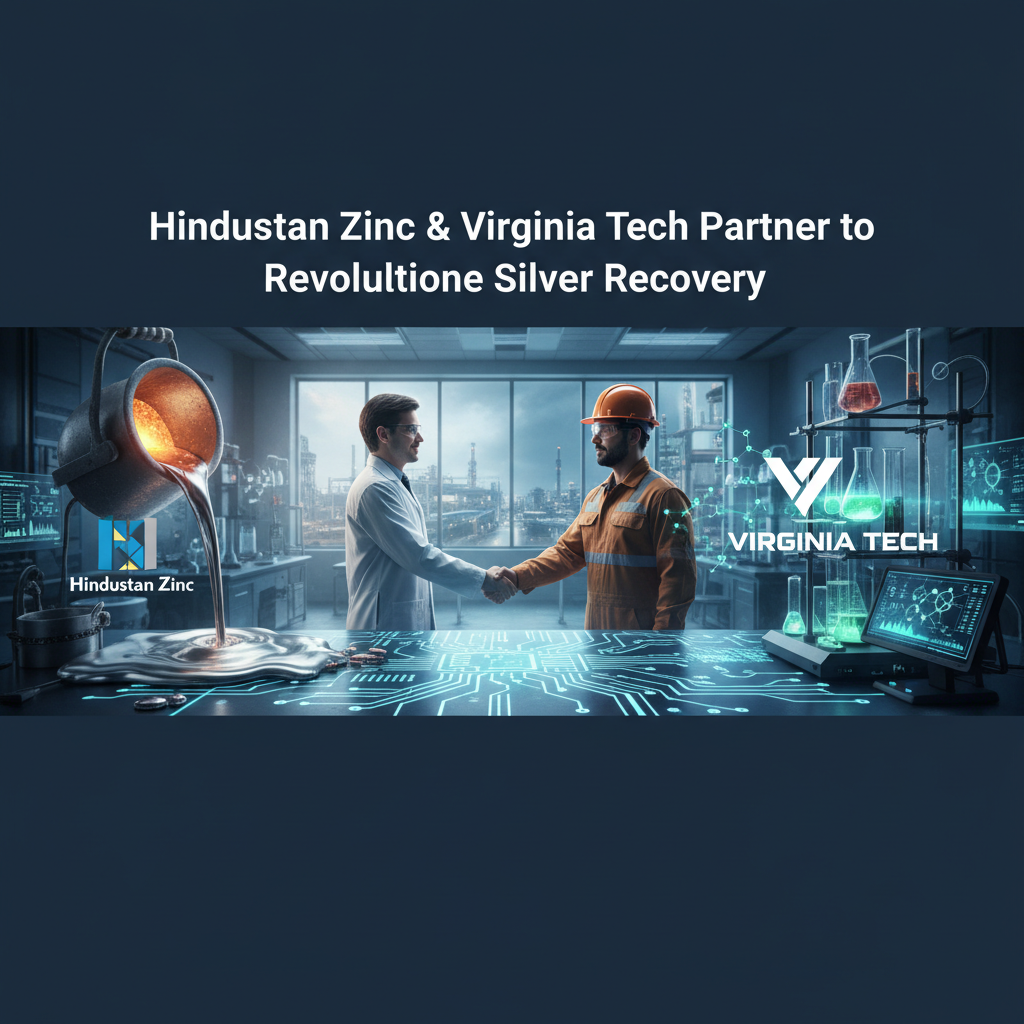 Two professionals, one in a lab coat and one in an orange hard hat, shaking hands over a futuristic circuit board.