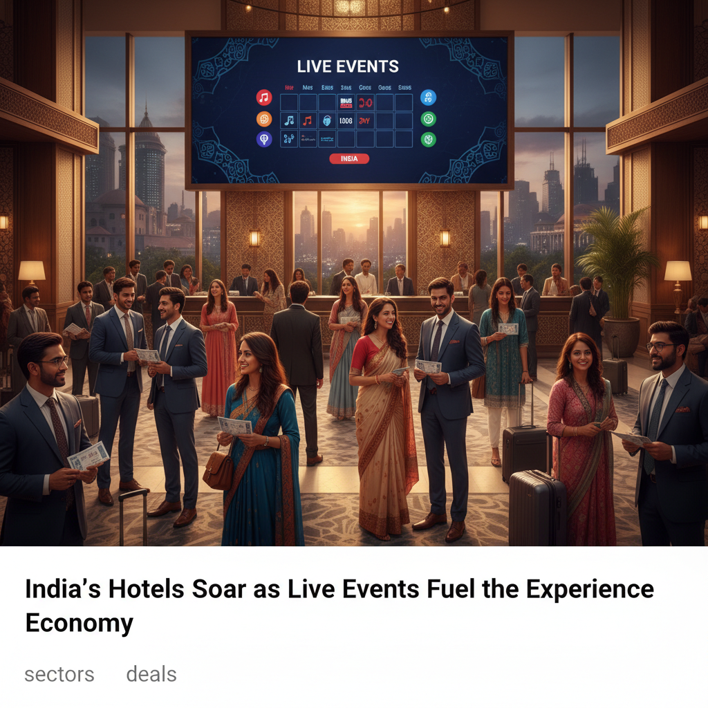 A professional image of a vibrant hotel lobby in India with a large screen displaying "LIVE EVENTS," suggesting the connection between live events and the booming hospitality industry.