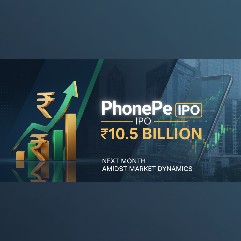 A banner with "PhonePe IPO $10.5 Billion" text, an upward-trending chart, and a smartphone displaying market data.