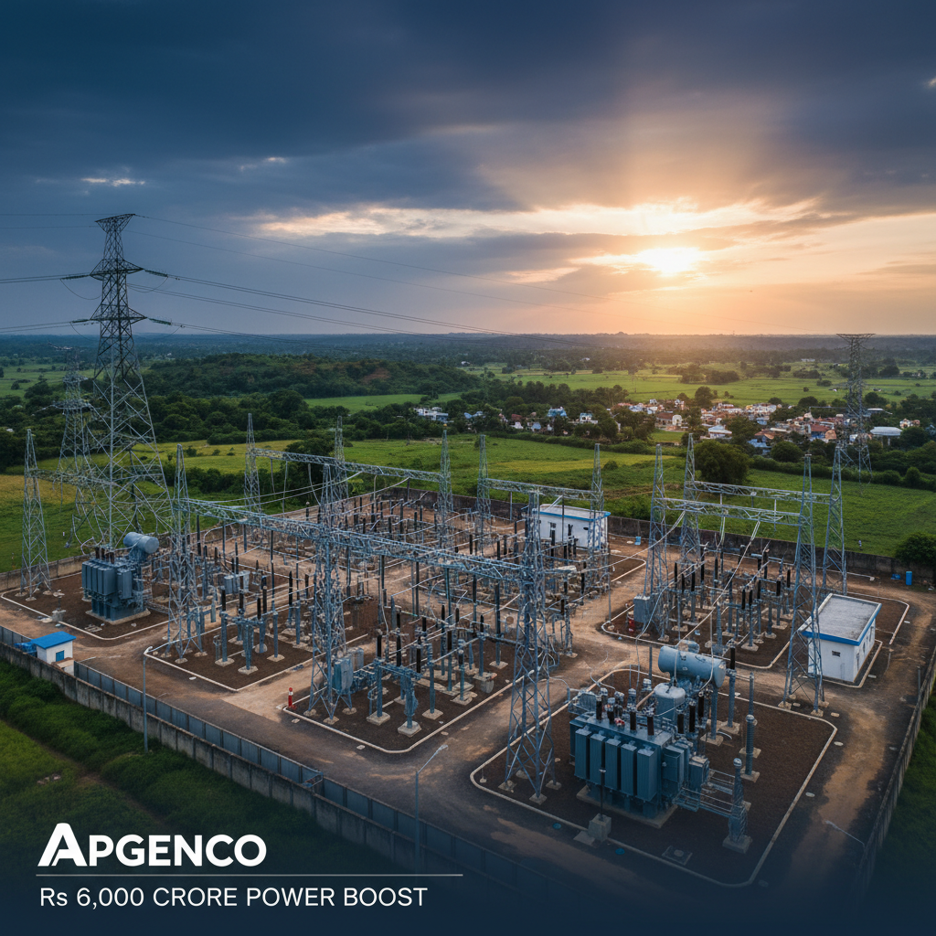 An aerial view of a modern power substation with transmission towers against a dramatic sunset, symbolizing infrastructure development.