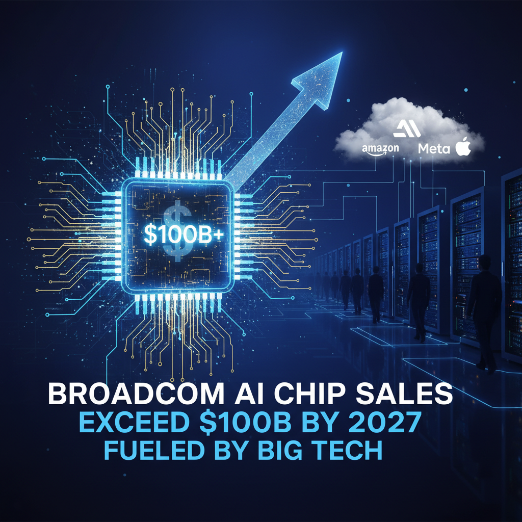 A glowing microchip with an upward arrow pointing towards cloud logos of Amazon, Meta, and Apple in a server room.