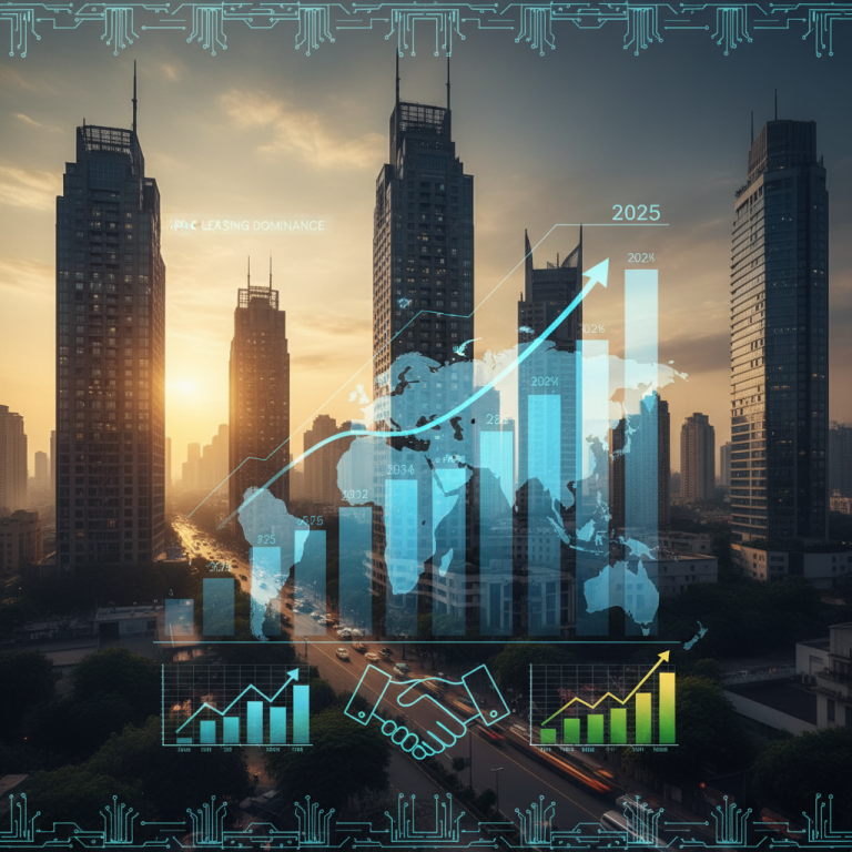 An image showing data visualizations over a cityscape, representing growth and dominance in office leasing for India in 2025.