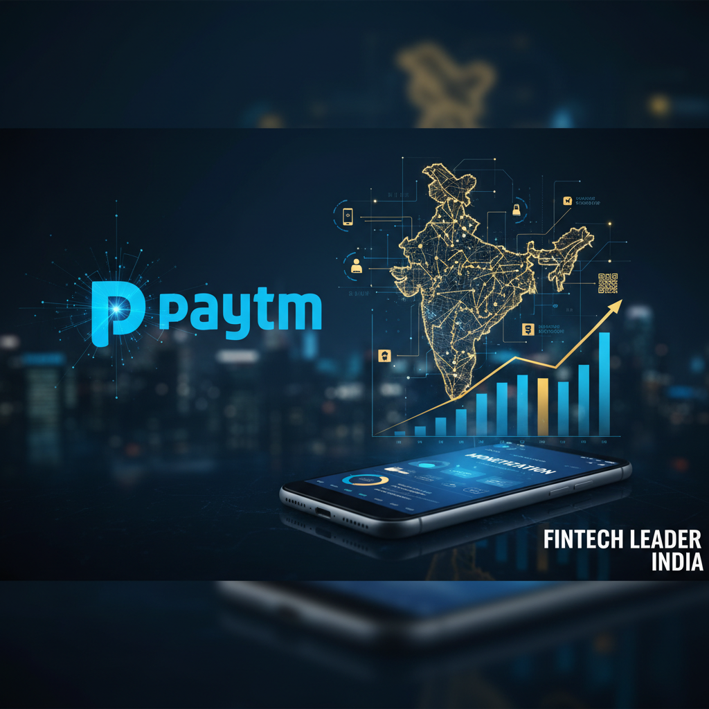 A professional image showing the Paytm logo, a map of India with interconnected nodes, financial charts, and a smartphone.