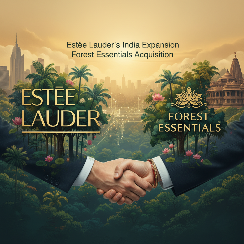 Two business hands shaking, with Estée Lauder and Forest Essentials logos flanked by cityscape and nature, under a sunset.
