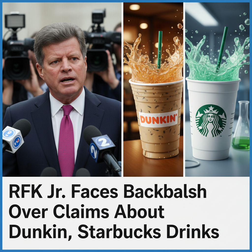 Robert F. Kennedy Jr. at a press conference, with images of Dunkin' and Starbucks drinks, and a beaker of green liquid.