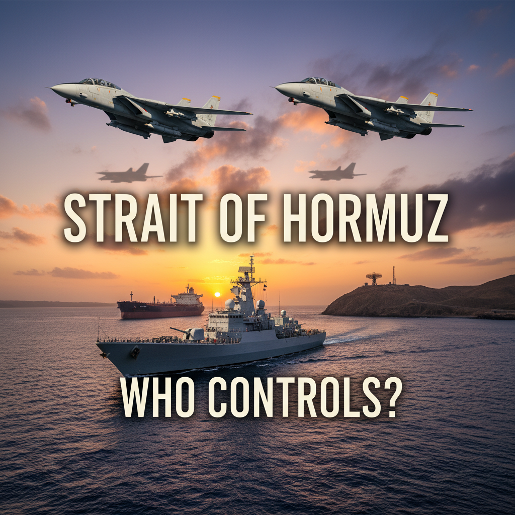 A warship and commercial vessel in the Strait of Hormuz with fighter jets flying overhead at sunset.