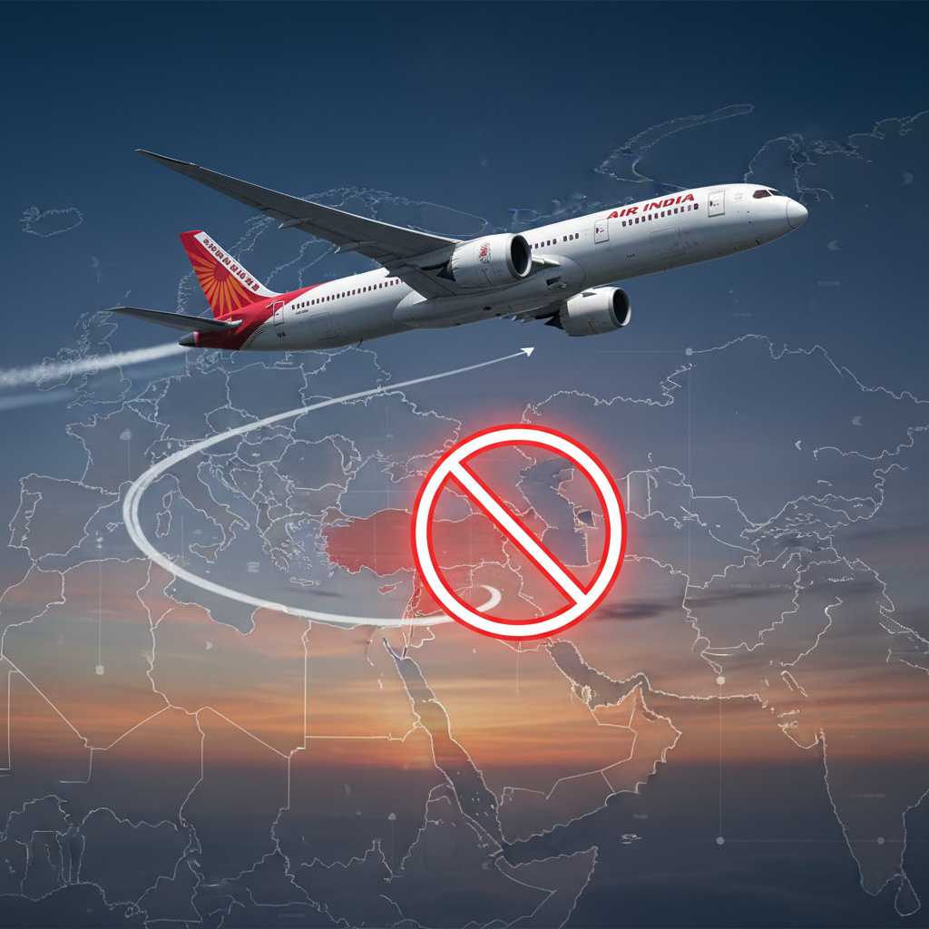 An Air India plane flying above a map of the Middle East with a no-entry sign over restricted areas.