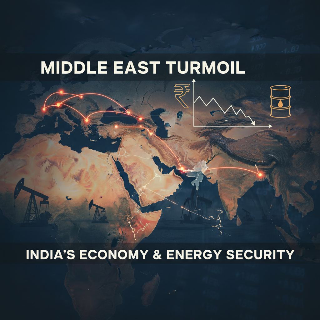 Stylized map of the Middle East and India with economic and energy icons, representing geopolitical risks.