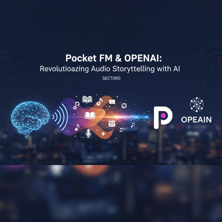 AI brain and audio waves combining with Pocket FM and OpenAI logos over a city skyline.