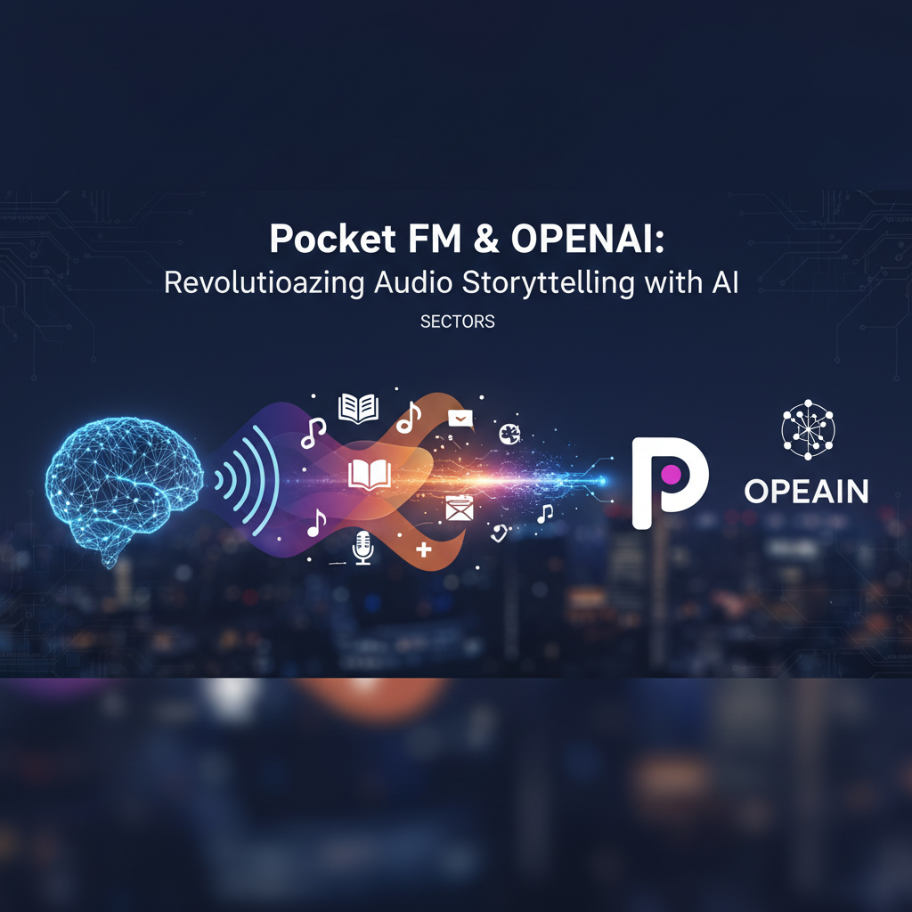 AI brain and audio waves combining with Pocket FM and OpenAI logos over a city skyline.