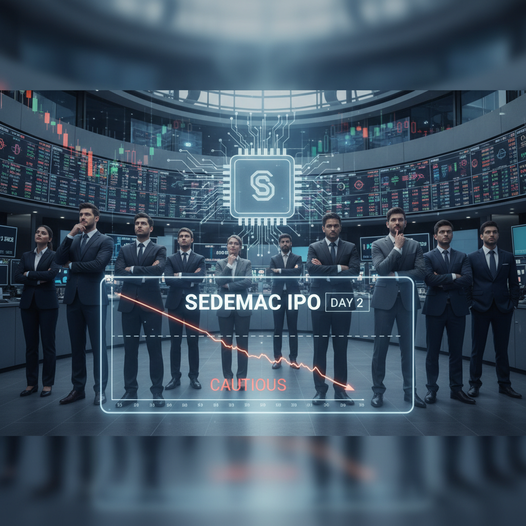 A professional, sleek image depicting investor caution for SEDEMAC IPO, with a downturn graph and business professionals.