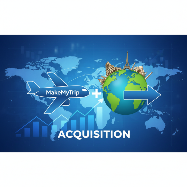 A professional image showing a plane with "MakeMyTrip" written on it, merging with a globe featuring landmarks and an arrow.