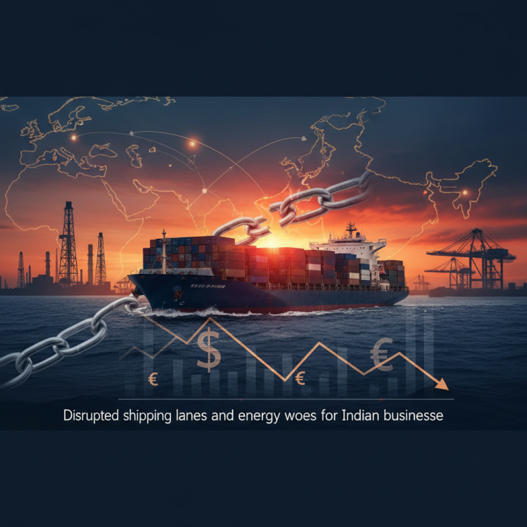 A cargo ship sails at sunset with a broken chain, factory silhouettes, and a map showing shipping routes.