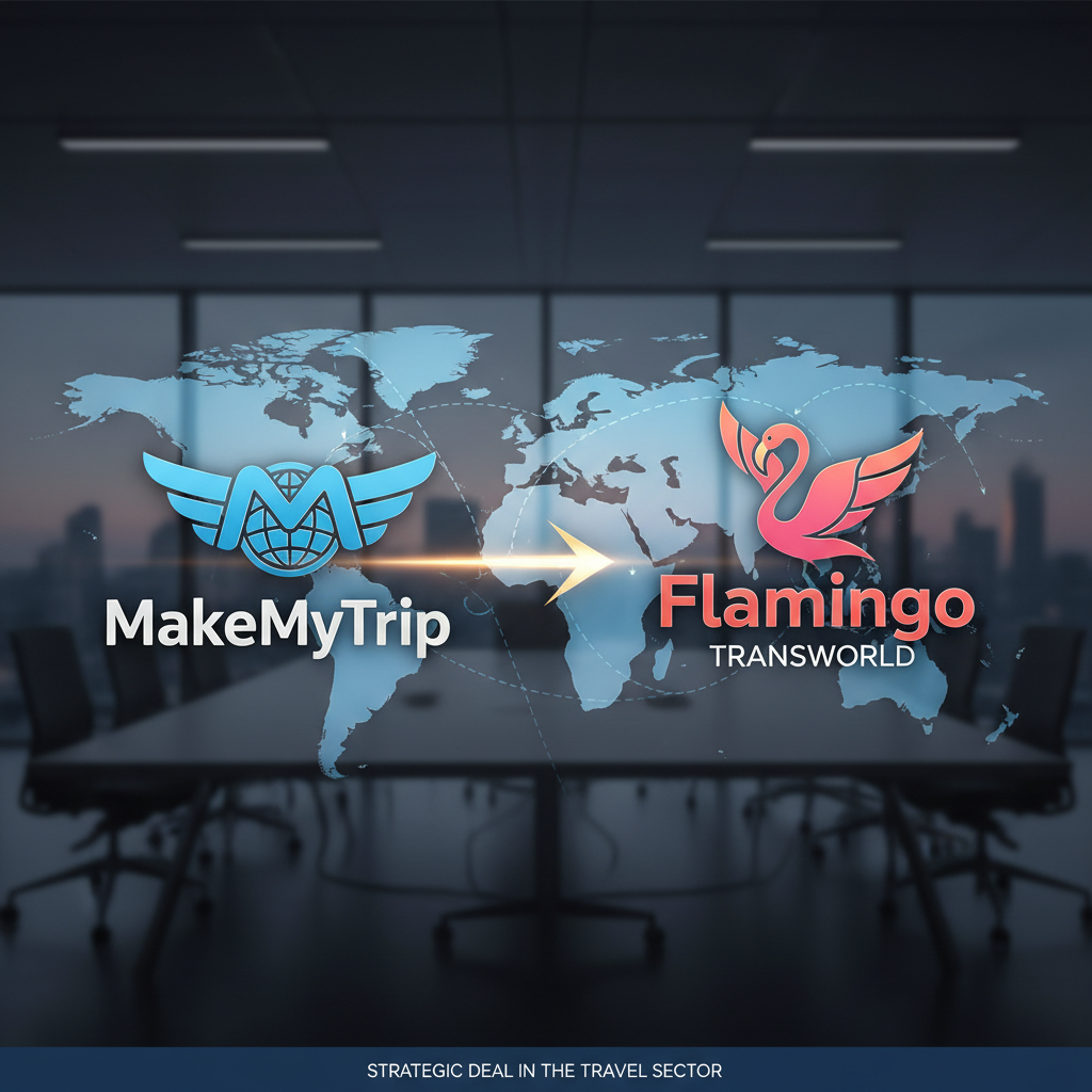 MakeMyTrip and Flamingo Transworld logos connected by an arrow on a world map in a modern office.