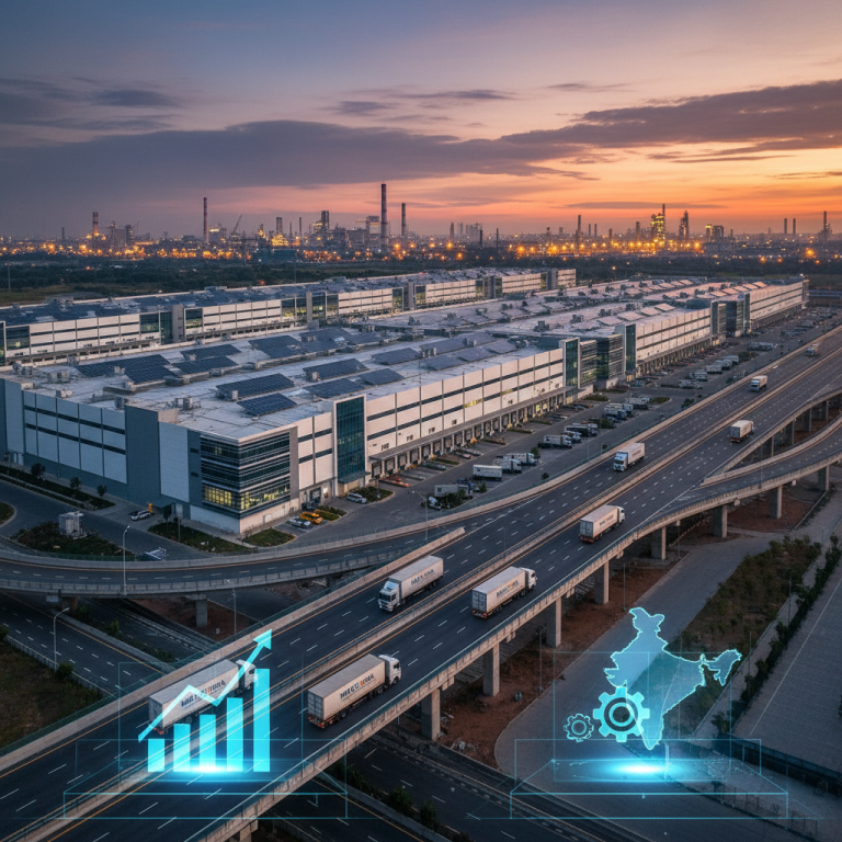 An aerial view of a vast modern warehousing complex with highways, trucks, and a subtle overlay of an Indian map and growth charts at sunset.