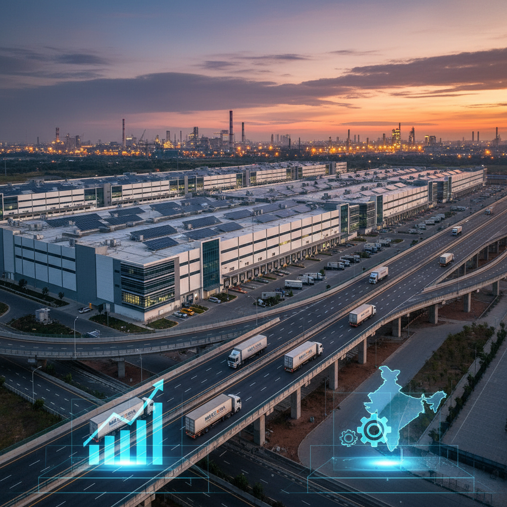 An aerial view of a vast modern warehousing complex with highways, trucks, and a subtle overlay of an Indian map and growth charts at sunset.