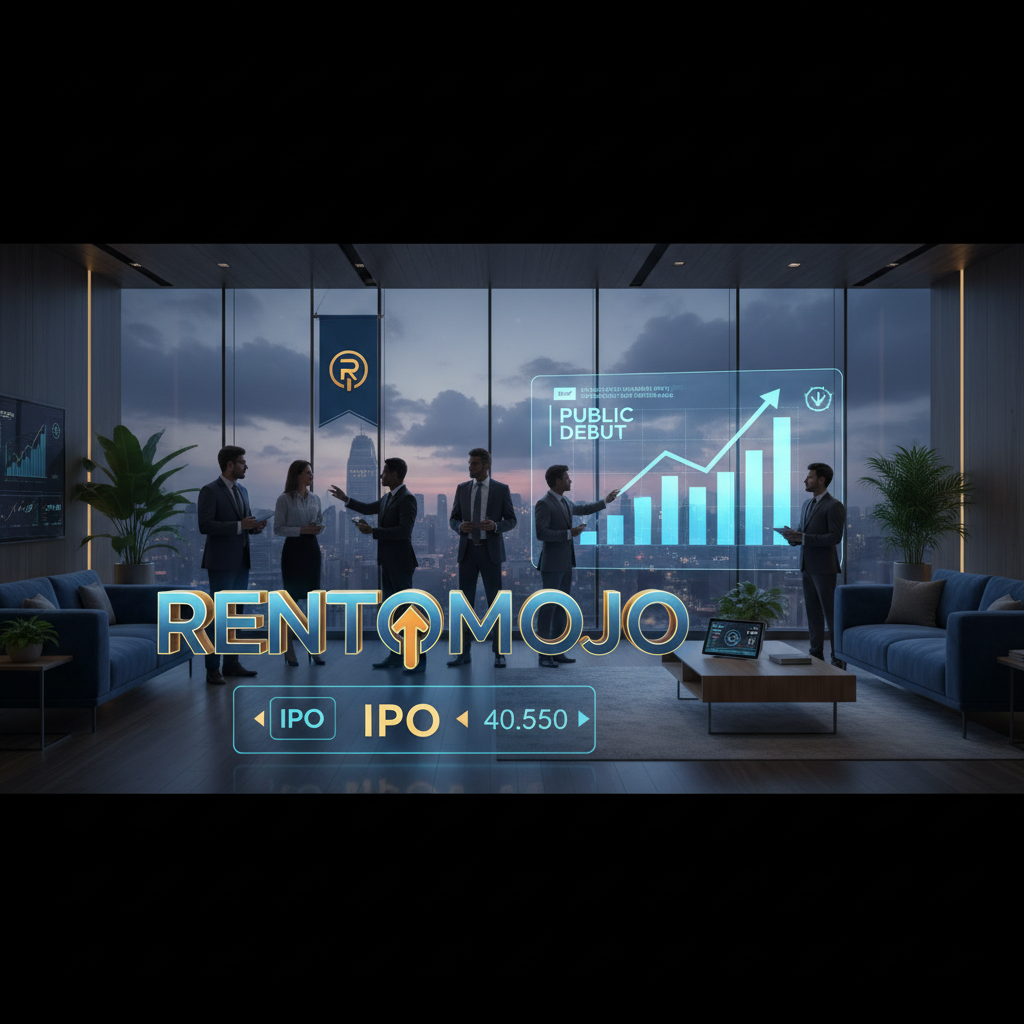 A professional, tech-focused image showing a cityscape from an office with financial graphs and the RentoMojo logo, signaling an IPO.
