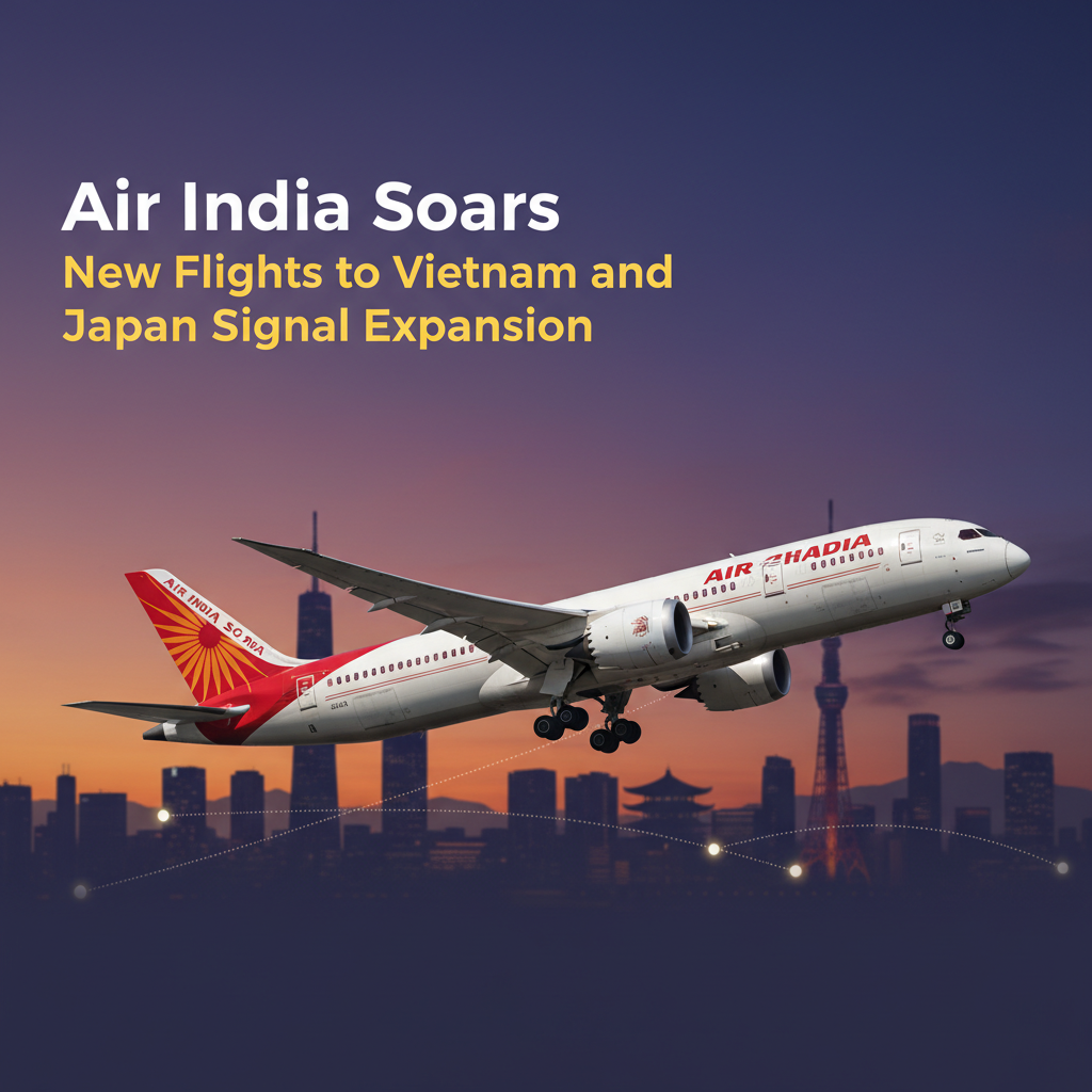 An Air India plane flying over a city skyline at sunset, symbolizing new international routes and expansion.