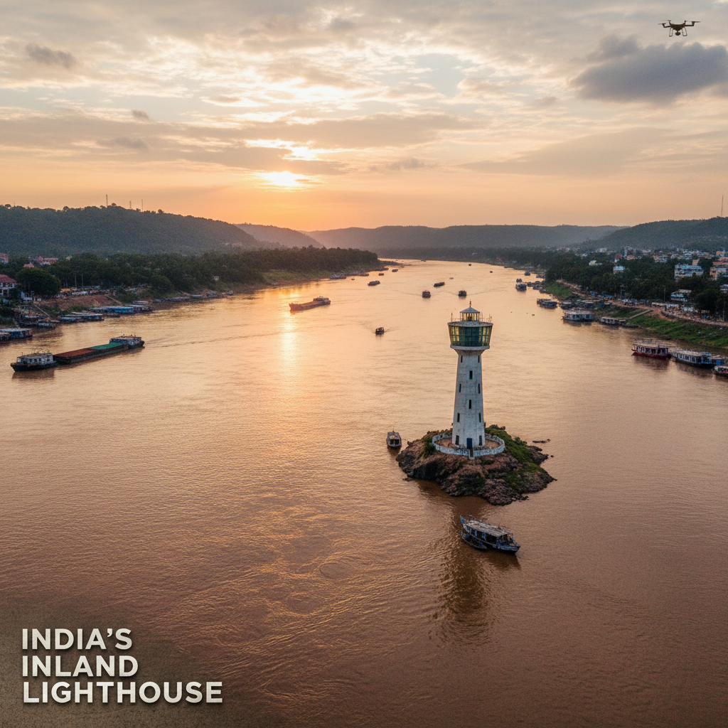A professional, wide shot of an inland river lighthouse on the Brahmaputra, with boats, hills, and a sunset.