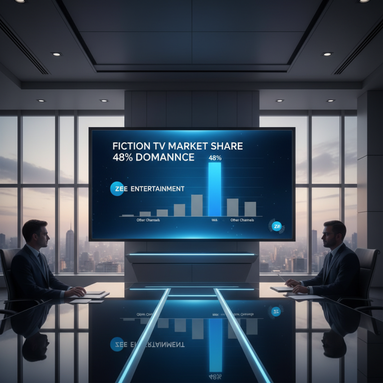 Two businessmen in a modern boardroom looking at a large screen displaying a bar chart showing Zee Entertainment's 48% market share.