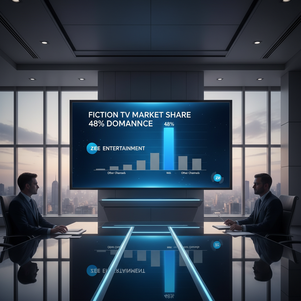 Two businessmen in a modern boardroom looking at a large screen displaying a bar chart showing Zee Entertainment's 48% market share.