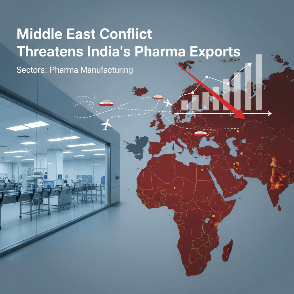 A map of the Middle East and surrounding regions with a downward trending graph, illustrating the impact on pharma exports.