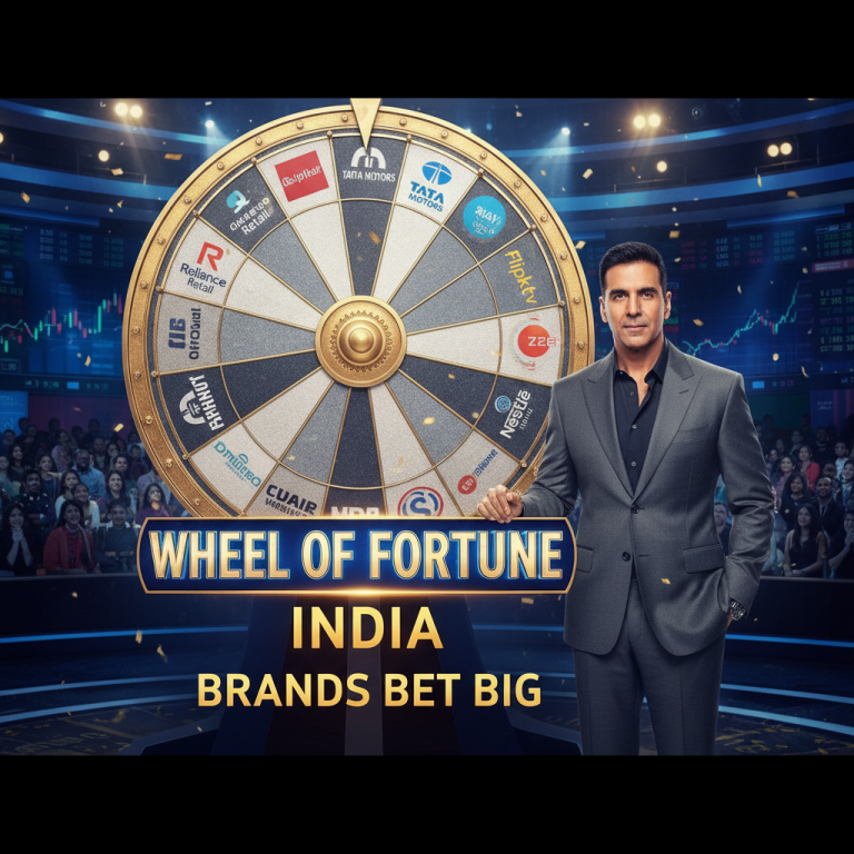 Akshay Kumar stands next to a large "Wheel of Fortune India" displaying various brand logos, set against a blurred audience and financial charts.