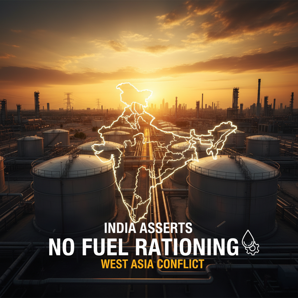 An image showing an oil refinery at sunset with an outline of India, representing fuel stability.