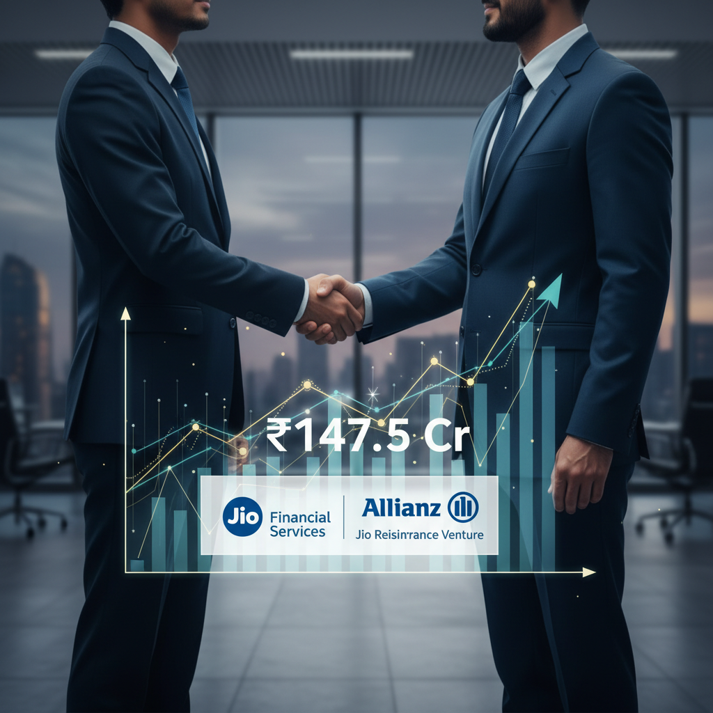 Two businessmen in suits shake hands in a modern office, overlaid with a financial graph, logos, and investment amount.