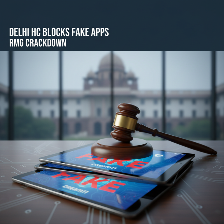 A gavel rests on two tablets displaying "FAKE Dream11" with the Delhi High Court in the background, symbolizing legal action.