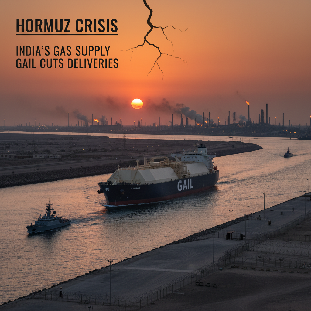 A large GAIL-branded LNG tanker sails through a strait at sunset, with industrial facilities and warships in the background.