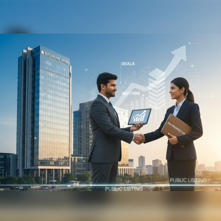 Two professionals shake hands in front of the Bagmane Prime building, symbolizing a deal, with growth charts and "Public Listing" text.