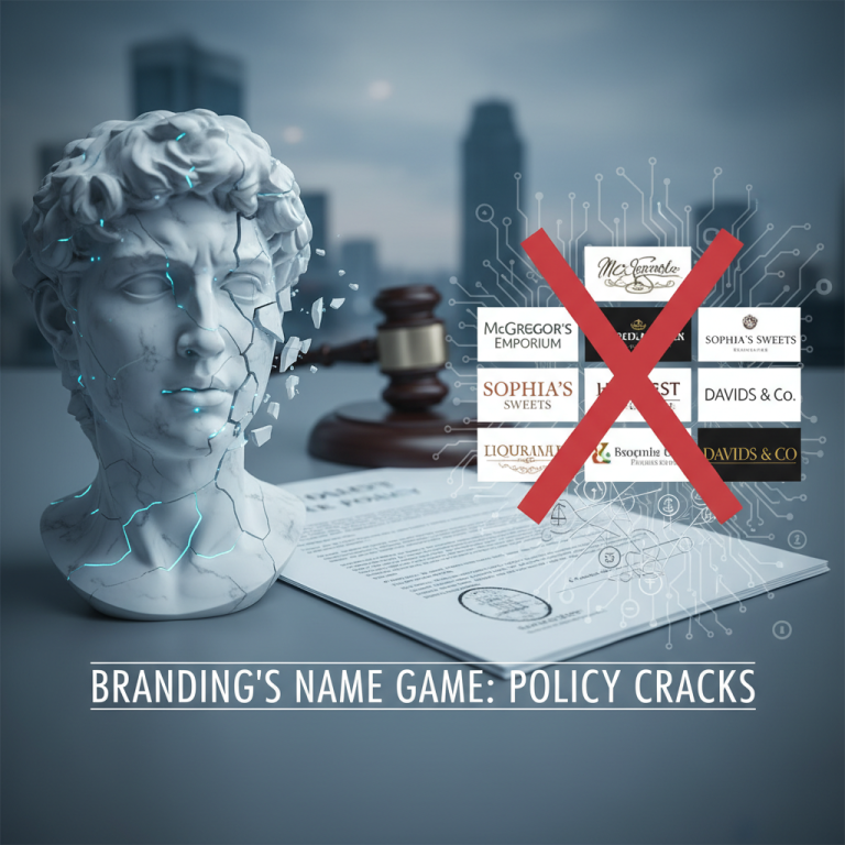 A cracked bust of David next to a legal document and a network of logos with a red 'X', symbolizing branding challenges.