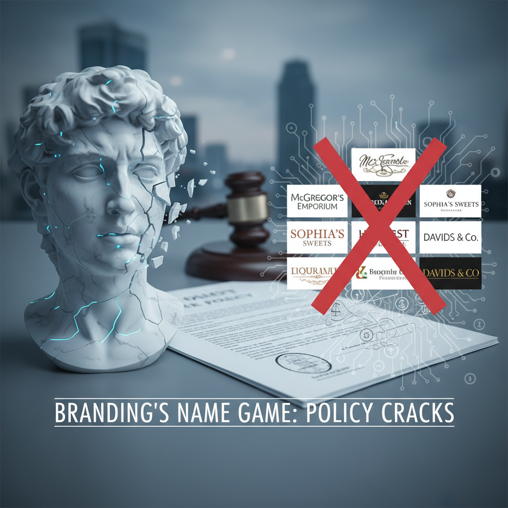 A cracked bust of David next to a legal document and a network of logos with a red 'X', symbolizing branding challenges.