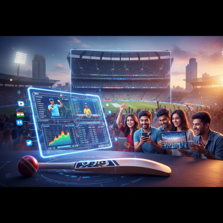 Indian fans watch cricket on digital platforms, with a virtual scoreboard and bat/ball in the foreground.