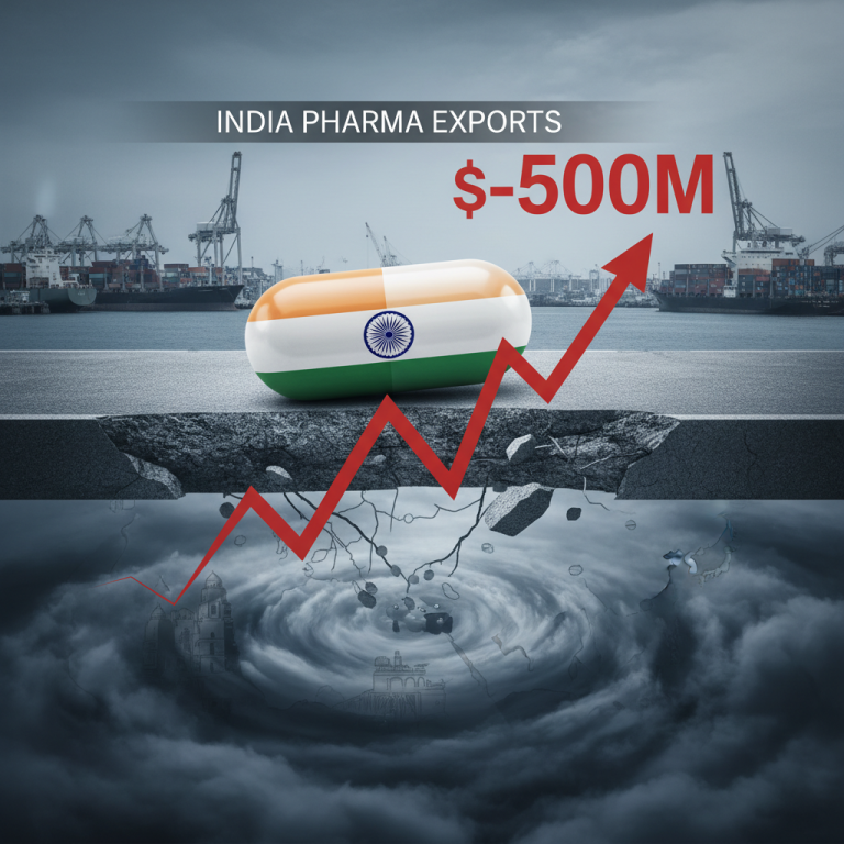 A large pill with the Indian flag, an arrow indicating a $500M loss, and a storm below a cracked road.