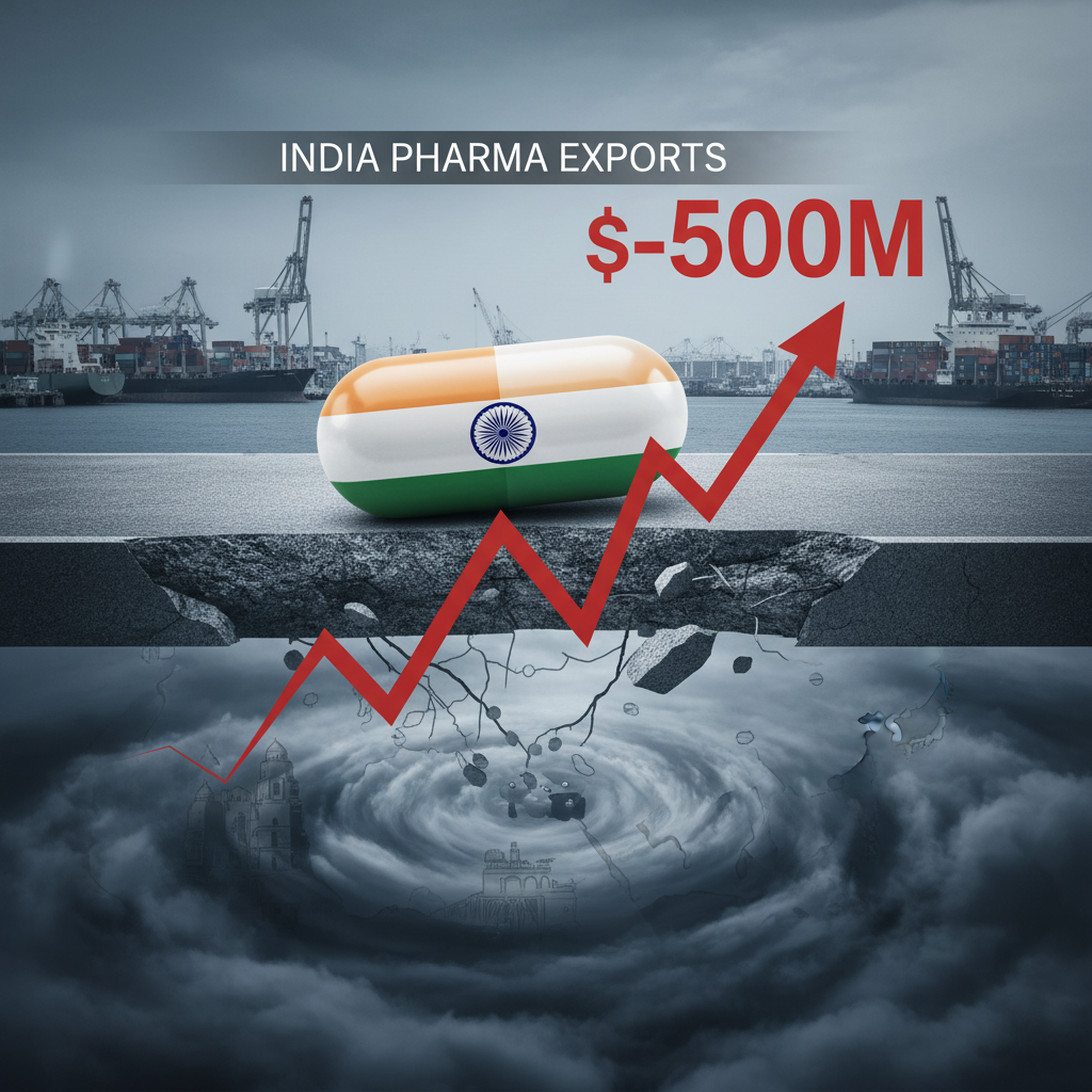 A large pill with the Indian flag, an arrow indicating a $500M loss, and a storm below a cracked road.