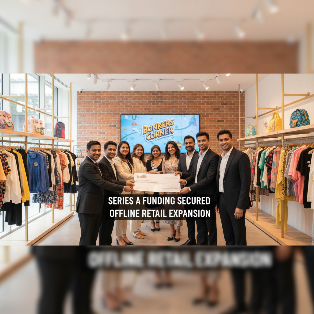 A group of professionals in a retail store, holding a large check, celebrating Bonkers Corner's Series A funding.