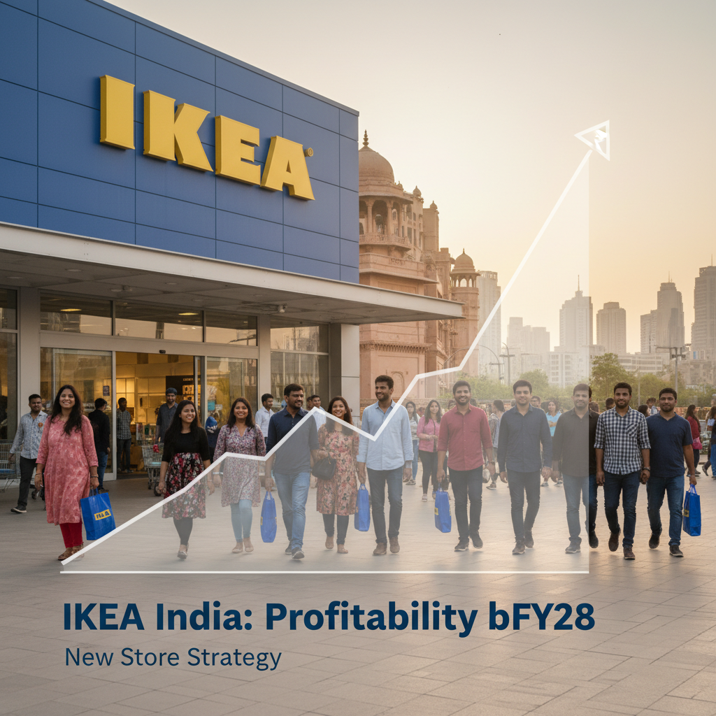 A modern IKEA store with people walking in front, superimposed with a rising arrow chart and "IKEA India: Profitability bFY28 New Store Strategy" text.