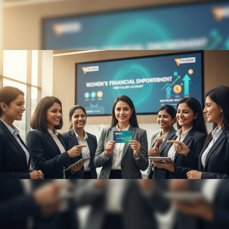 A group of professional women in business attire, smiling and engaging. One woman holds up a Yes Bank card.